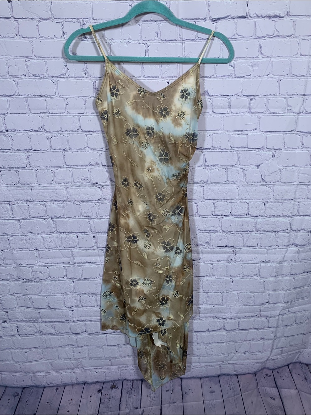 Taboo Womens Y2K High Low Slip Dress Floral Tie Dye Brown Cream S Forest Fairy